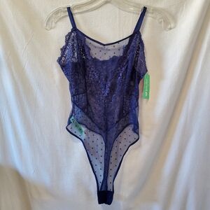 NWT Honeydew Intimates Navy Blue Lace Mesh Teddy Lingerie Bodysuit Size S